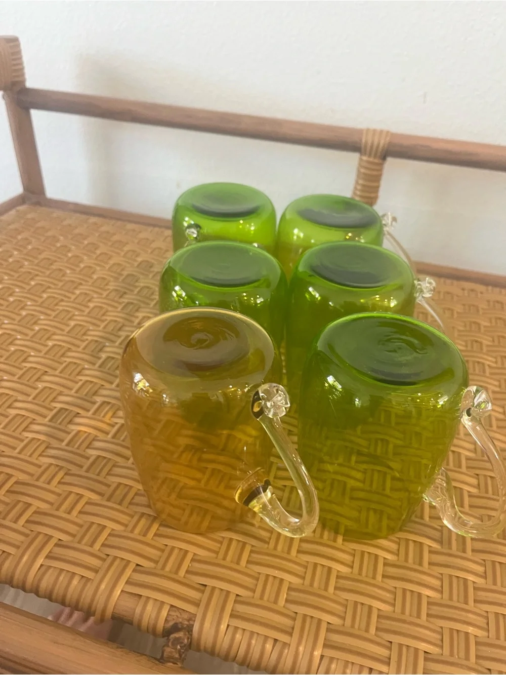 Vintage Mid-Century Modern Hand Blown Glass Supplied Handle Mugs Set Of Six